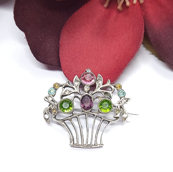 Antique Sterling Silver Edwardian Giardinetti Crystal Flower Basket Brooch